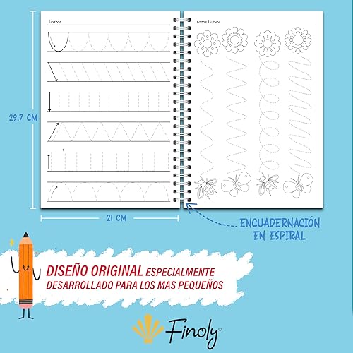 Finoly Mon premier livre graphomotricité - Enfants de 3 à 6 ans - Cahier Traits et Pré-écriture - Apprendre les activités et les exercices Lignes Formes Nombres Labyrinthes Dessins (En Espagnol) - Nail Gallerys