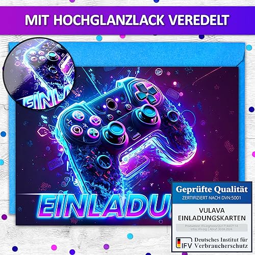 VULAVA Lot de 12 cartes d'invitation de jeu pour garçon et fille + 12 enveloppes - Les cartes de fête des joueurs sont l'invitation des joueurs pour garçons et filles - Invitation à un anniversaire - Nail Gallerys