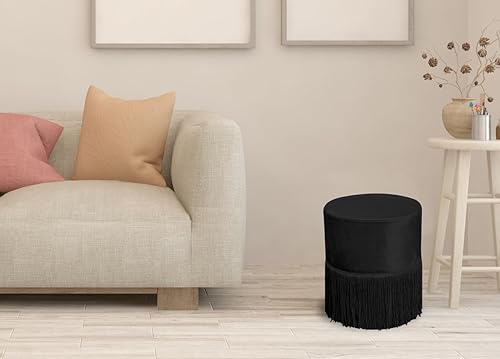 BIANCHERIAWEB Pouf Salon/Chambre avec Franges Rembourré Modèle Velvet Malibu Couleur Unie Pouf Noir - Nail Gallerys