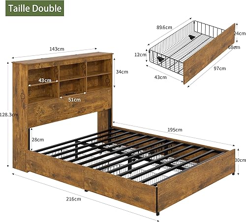 VECELO Cadre de Lit Double 140 x 200 cm avec Fonction de Charge, 4 Tiroirs, Tete de Lit avec Espace de Rangement en Tête de Lit, Sommier à Lattes en Acier, Style Industriel - Nail Gallerys