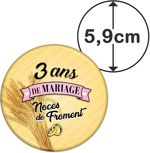 Badgmania Magnet Aimant Décapsuleur | Anniversaire 3 Ans de Mariage Noces de Froment V2 | Diamètre 5.9cm | Anneaux Mariage - Nail Gallerys