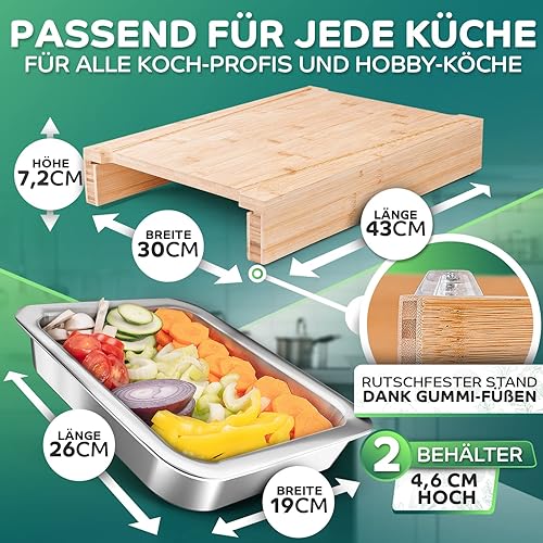 Loco Bird Planche à découper Premium avec plateaux de récupération - Gadget idéal pour la cuisine - Set - Planche à découper en bambou avec 2 plateaux en acier inoxydable - Nail Gallerys