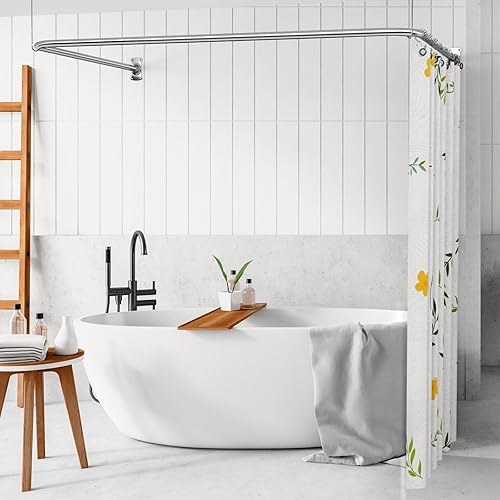 KULACO Tringle à rideau de douche en forme de U/L [80-90]×[160-180] ×[80-90] Tringle de douche d'angle en acier inoxydable SUS304 avec support de plafond et 22 anneaux de rideau de douche pour - Nail Gallerys