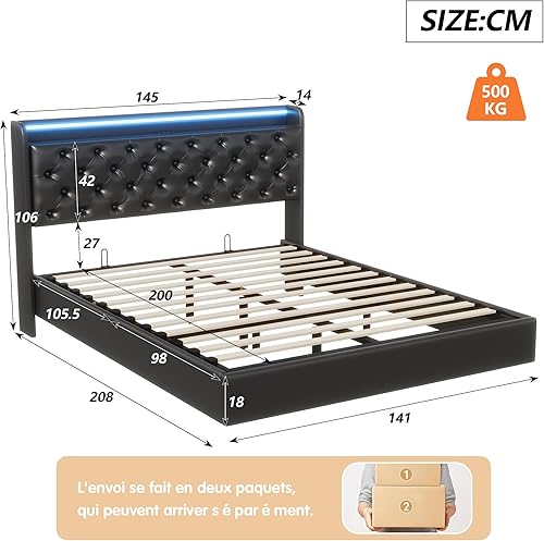 LONELYO Lit Double 160 x 200 à LED Réglable, Rembourré Tête de Lit, Cadre de Lits 160 x 200 cm avec Sommier à Lattes en Bois et Multiprise, Bed Flottant Capitonné en PU Noir - Nail Gallerys