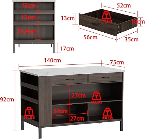 PREMTURE Îlot de cuisine, armoire de cuisine avec 2 tiroirs, table de petit-déjeuner, bar, îlot de cuisine avec étagères, îlot de cuisine avec plans de travail en marbre, 75 x 140 x 92 cm, MDF, marron - Nail Gallerys