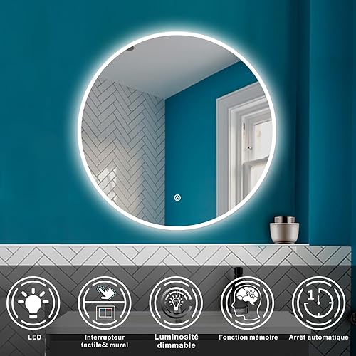 HAPAOSO Miroir de Salle de Bain Rond 120 cm Miroir Mural LED avec 6000k (lumière Blanche Froide) dimmable+ Interrupteur Tactile/Interrupteur Mural +Anti-buée+Fonction mémoire - Nail Gallerys