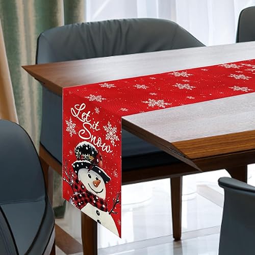 wadafen Chemin de Table Noel - Decoration Table Noel - Nappe Noel Rouge avec Flocon de Neige et Bonhomme de Neige - Chemin de Table en Linpour pour Décoration de Fête de Noël (33 x 183 cm) - Nail Gallerys