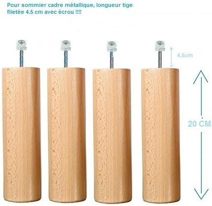 Wood Select lot 4 Pieds Bois 20 cm Vernis Naturel (pour Sommier Cadre métallique) - Nail Gallerys