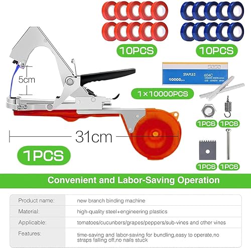 Machine à Attacher Les Plantes,Fourni avec 10 000 Clous et 20 Rouleaux de Ruban Adhésif de Couleur,Pince Attache Tomate,Attache Plante Grimpante, Concerner Jardin Fruits Légume Fleurs Vigne - Nail Gallerys