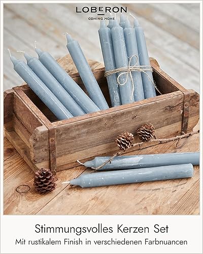 Loberon Lot de 12 Bougies Bauceau Bleu-Gris - Bougies Longues déco Faites à la Main - Finition Rustique - Teintées dans la Masse et sans Odeur - Durée de Combustion 7-8h, Bleu-Gris - Nail Gallerys