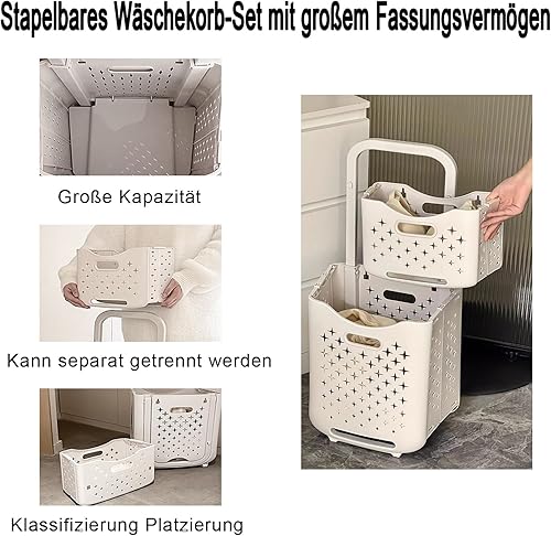 Hooha Lot de 2 paniers à linge pliables sur roulettes - 2 compartiments - En plastique - 77 l - Pour linge sale, jouets, produits de nettoyage - 34,5 x 26 x 75 cm - Nail Gallerys