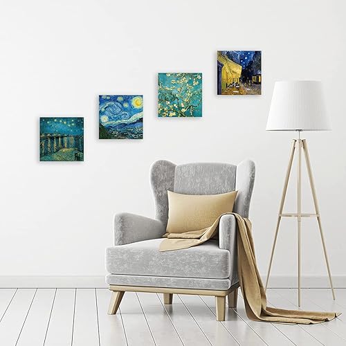 DìMò ART - Lot de 4 impressions sur toile de tableaux modernes de Vincent Van Gogh, art classique, décoration pour cuisine, chambre à coucher, salon, bar, bureau, restaurant, 30 x 30 cm - Nail Gallerys