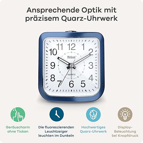 Mebus Quarz-Wecker, geräuscharm Ohne Ticken, Leuchtzeiger, Alarm mit Weckwiederholung (Snooze), Zifferblattbeleuchtung Auf Knopfdruck, Farbe: Blau, Modell: 26158 - Nail Gallerys