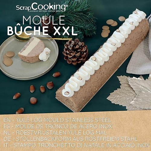 ScrapCooking - Moule Bûche Inox XXL - Taille Ajustable 28 à 45 cm - Dessert de Noël jusqu’à 18 Convives - Avec Feuilles Rhodoïd, Supports & Recette Bûche Praliné Noisettes - Pâtisserie - 1936 - Nail Gallerys