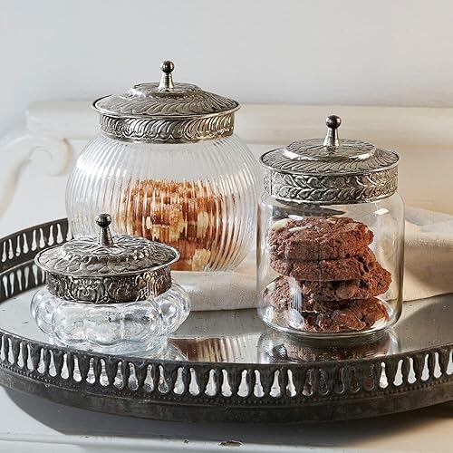 LOBERON Lot de 3 bonbonnières Plévin - verre, fer - H/D env. 13/11 cm - transparent/couleur argent, transparent/argenté - Nail Gallerys