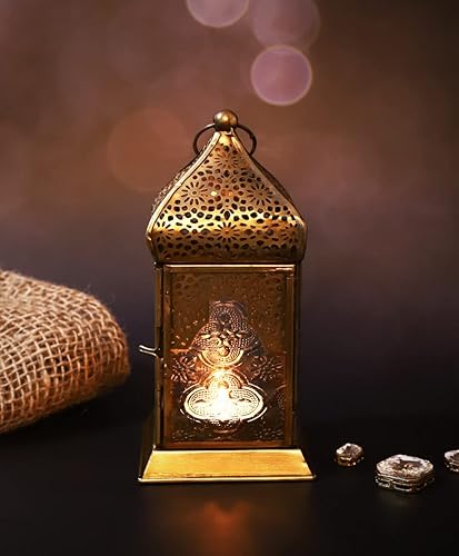 HILALFUL Handmade Decorative Candle Lantern, Medium | Suitable for Indoor & Outdoor Décor | Moroccon Arabian Style | for Home Decoration in Ramadan, Eid | Iron | Islamic Gift | Clear Glass - Nail Gallerys