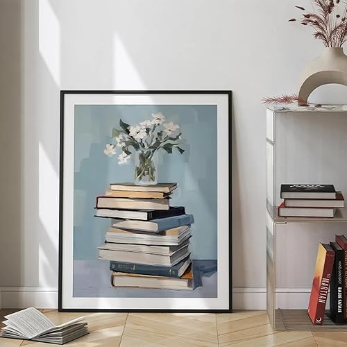TONGYINLI Peinture de bibliothèque rétro bleu rose des années 1950, affiches et impressions de livres de lecture esthétiques, toile murale, décoration de chambre, 30 x 40 cm, sans cadre - Nail Gallerys