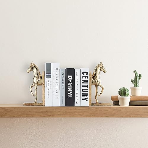 Relaxdays Serre-Livres en 2 pièces, chacune ornée d’Un Cheval, Design élégant, H x L x P : 26,5 x 9 x 13 cm, Nature/doré - Nail Gallerys