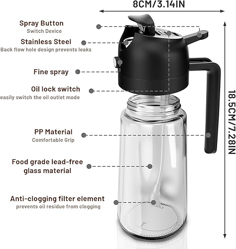 2 en 1 Spray Huile Cuisine,Vaporisateur Huile 470ml,Pulverisateur Huile Cuisine Anti-Goutte,Pulvérisateur Huile Spray Huile Cuisine Air Fryer pour Cuisiner,Salade,Griller,Pâtisserie (Noir) - Nail Gallerys