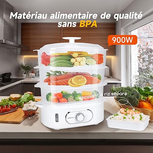 Aigostar Cuiseur Vapeur Electrique 12L, Cuiseur Vapeur Avec 3 Récipients Empilables, Support Pour Cuire les œufs, Minuterie de 60 Minutes, Récipient Pour Cuire le riz, Sans BPA, 900 W - Nail Gallerys