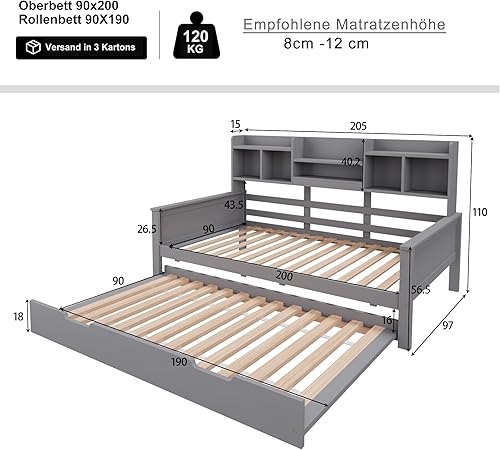 Zepneiy Canapé lit 140×200 cm, lit gigogne 90×190 cm, avec Rangement, sommier à Lattes en pin, Simple Multifonctionnel, Blanc (sans Matelas) - Nail Gallerys