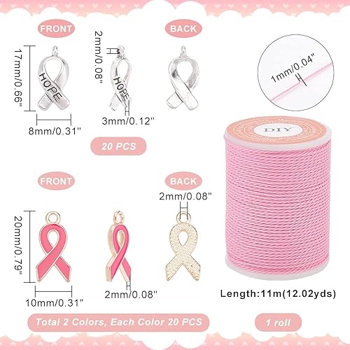 PH PandaHall 60pcs Breloques de Sensibilisation au Cancer du Sein, Pendentifs Ruban Rose et Argent Émail Sensibilisation Breloques avec Cordon Ciré Alliage Espoir Pendentifs pour Bracelet Collier - Nail Gallerys