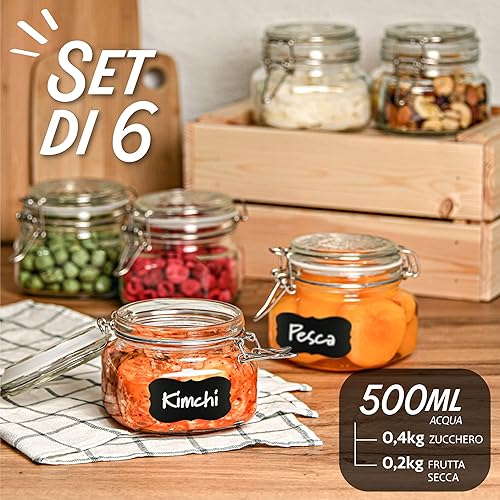 Praknu 6 Bocaux en Verre Hermétiques de 500ml - Avec Étiquettes, Marqueur et Joints de Rechange - Gain de Place grâce à leur Forme Angulaire - Nail Gallerys
