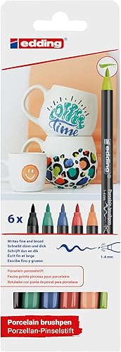 Edding 4200 Feutre pointe pinceau pour porcelaine - multi-couleur - 6 stylos - pointe pinceau 1-4 mm - peindre et décorer la céramique, porcelaine - va au lave-vaisselle, encre opaque, séchage rapide - Nail Gallerys