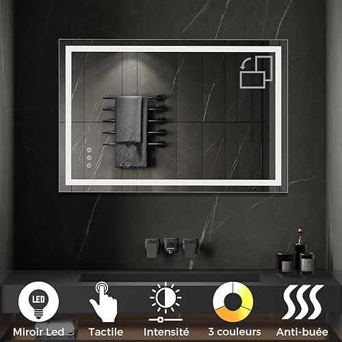 CIMEO Miroir LED Lumineux 80 x 120 cm (ou 120x80) - 2100 lumens - Antibuée, intensité et Couleurs réglables - Miroir de Salle de Bain - Nail Gallerys
