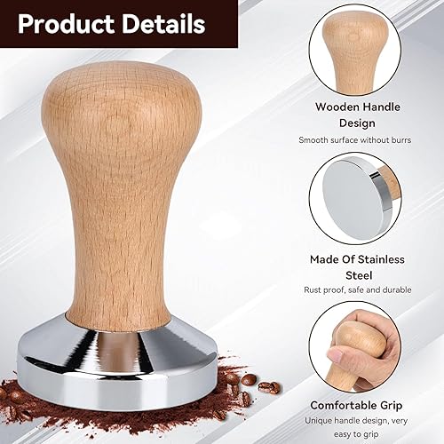 60 mm Tampon à café de, presse à café en acier inoxydable à base plate pour espresso, marteau à poudre pour barista avec poignée en bois pour la maison - Nail Gallerys
