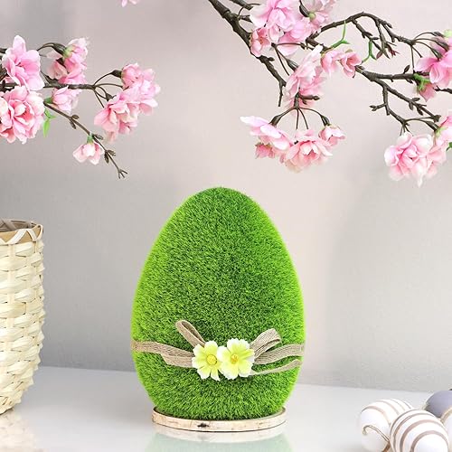 com-four® Figurine décorative - Oeuf de Pâques avec nœud et Fleurs - Figurine décorative Verte en céramique pour Le Printemps - Grand œuf recouvert de Gazon Artificiel (1 x œuf - 18 cm) - Nail Gallerys
