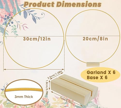 6 Pièces 30cm Cerceaux en Métal doré, Cercle Attrape Reve Cerceau, Cerceaux Floraux en Métal avec Support Bois pour Table, Cercle Metal pour Cerceau Floral DIY, Couronne de Mariage, Guirlande de Noël - Nail Gallerys