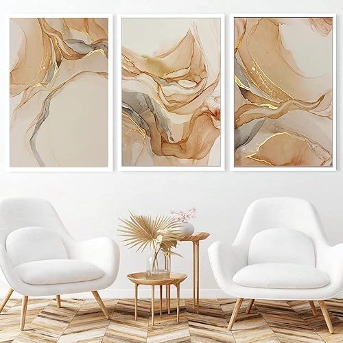 HEHGVCF Lot de 3 Tableaux sur Toile Marbré Beige Doré - Décoration Murale pour Salon - Poster Sans Cadre (50 x 75 cm) - Nail Gallerys