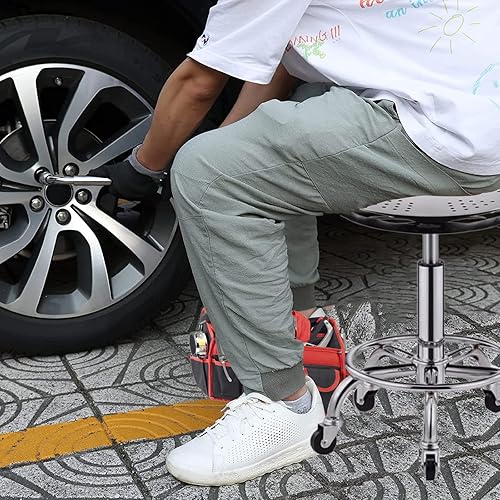 Tabouret roulant robuste en acier inoxydable 304 réglable en hauteur – Chaise ronde pivotante pour atelier, mécanicien, garage avec roulettes, capacité de charge 480 kg - Nail Gallerys