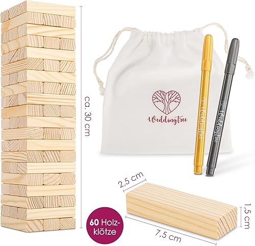 WeddingTree Livre d'or Mariage Bois comme Tour en Bois - avec 60 Blocs, Un Sac de Rangement et 2 Marqueurs Métalliques - Livre de Mariage - Livre d Or Mariage - Nail Gallerys