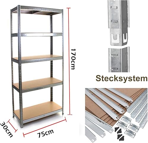 Étagère de Rangement DayPlus - en métal - 170 x 75 x 30 cm - avec 5 étagères Solides en MDF - Hauteur réglable - Charge maximale : 875 kg - Nail Gallerys