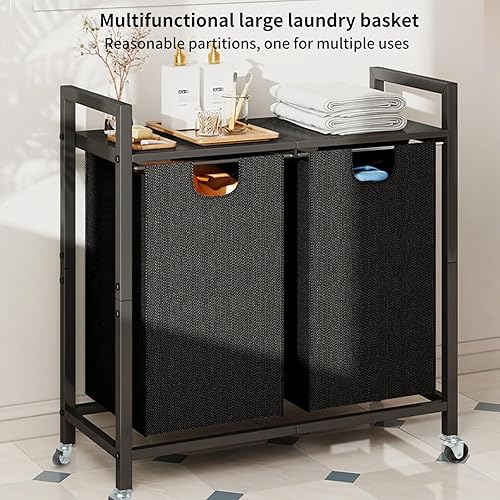 Panier à linge à 2 compartiments, panier à linge avec étagère et sacs à linge amovibles en tissu Oxford, panier à linge extensible avec cadre en métal solide, 2 × 42 l, 72 × 32 × 71 cm (A) - Nail Gallerys