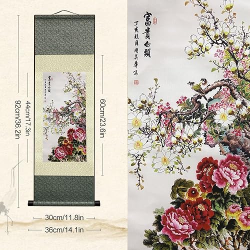 Valart Peintures en Soie Murales Décoration Murale Asiatique Fleurs et Oiseaux - Riche et Noble - Tête Blanche Riche Défilement Peinture Art Chinois Décoration Murale à Suspendre (94 x 30cm) - Nail Gallerys