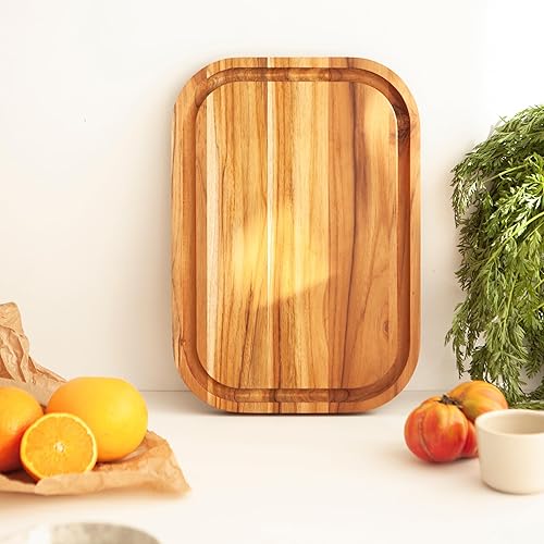 Erreke Planche a Decouper Bois Bois de Teck Naturel Epaisseur 2.4 cm Cuisine ou Barbecue Couper ou Servir Viande Fromage Pain Planche à Découper 40x28x2.4 cm (avec une rainure pour le jus) - Nail Gallerys