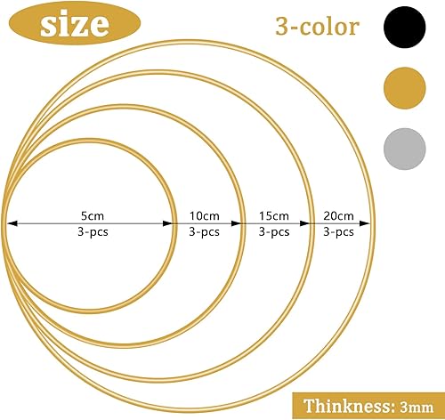 WestCH 12 Pièces Cercle Attrape Reve 3mm Anneaux en Métal Cercle Metal 5cm/10cm/15cm/20cm Anneaux en Métal pour Mariage,Tenture Murale,Cerceau,Capteur de Rêves Bricolage Décoration - Nail Gallerys