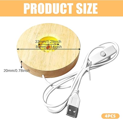 GAOUTO Lot de 4 socles LED en bois - 3 couleurs - Éclairage en bois réglable - Support USB rond pour affichage en cristal, verre, acrylique, bijoux en résine - Nail Gallerys