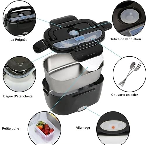ISY-SHOP Gamelle chauffante, lunch box chauffante électrique 12V24V220V,80W,boite chauffant pour chantier en allume cigare, boite chauffante repas 1.5L,chauffe plat voiture camion, COULEUR NOIRE - Nail Gallerys
