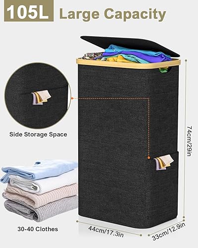 GLOWPOINT 105L Panier à linge avec couvercle, grand paniere a linge sale avec sac intérieur amovible, Oxford résistant à l'eau, bac à linge pour la chambre, la salle de bain, la buanderie, noir - Nail Gallerys