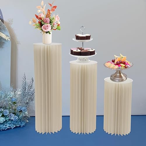Colonnes de fleurs pliables en papier de 60 cm + 80 cm + 100 cm + plaques en PVC, 3 pièces cylindriques en carton central, charge maximale : 30 kg, fond décoratif pour mariage, anniversaire ou fête - Nail Gallerys