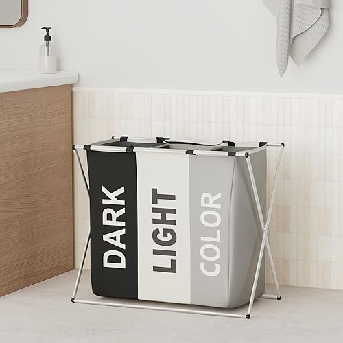 Organisateur à linge Springos 146L, 3 compartiments XL, pliable avec cadre en aluminium, fermeture à cordon, poignées de transport, pour tri facile du linge et rangement compact - Nail Gallerys