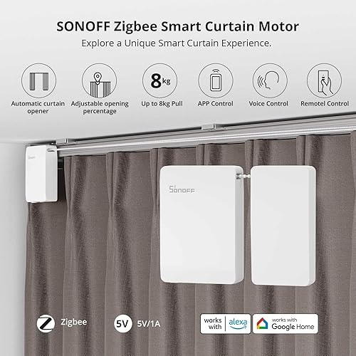 SONOFF Moteur de Rideaux Intelligent Électrique, Installation Libre de Voie, ZigBee 3.0 Protocole, Soutien Contrôle Vocal et Scène Intelligente, Compatible avec Alexa/Google Home, Portant de 8 kg - Nail Gallerys