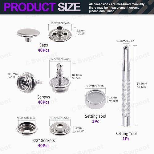 Swpeet 62 pièces Canvas snap Kit, toile de qualité marine en acier inoxydable et housse de bateau rembourrée snap button fastener Kit, comprend un manchon de 3/8 pouces 13mm métal vis bouchon - Nail Gallerys