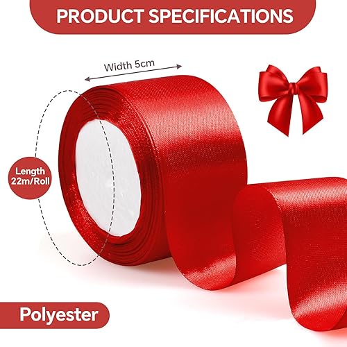 ihaspoko Ruban Satin Rouge 5cm x 22m - Cadeau pour Emballage, Mariage, Décoration de Fête | Ruban Tissu Polyester Brillant pour DIY, Noeuds Papillon, Cartes​ - Nail Gallerys