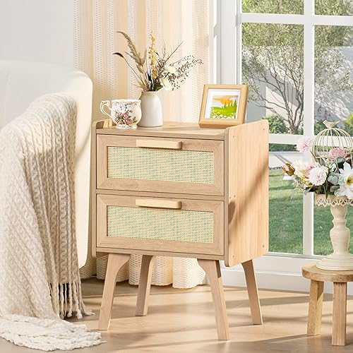 LELELINKY Table de chevet en rotin - Table de chevet bohème avec 2 tiroirs - Pieds de table en bois massif - Petite table de chevet pour chambre à coucher, salon et petit espace (naturel) - Nail Gallerys