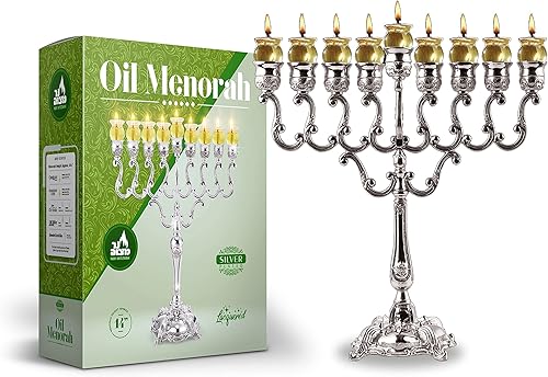 Menorah Hanouka Plaqué Argent pour l'huile - Hanukkah Menorah Convient Aux Tasses à Huile Hanukkah Standard et Aux Grandes Bougies - 35 cm de Haut - Branches D'olivier - Nail Gallerys